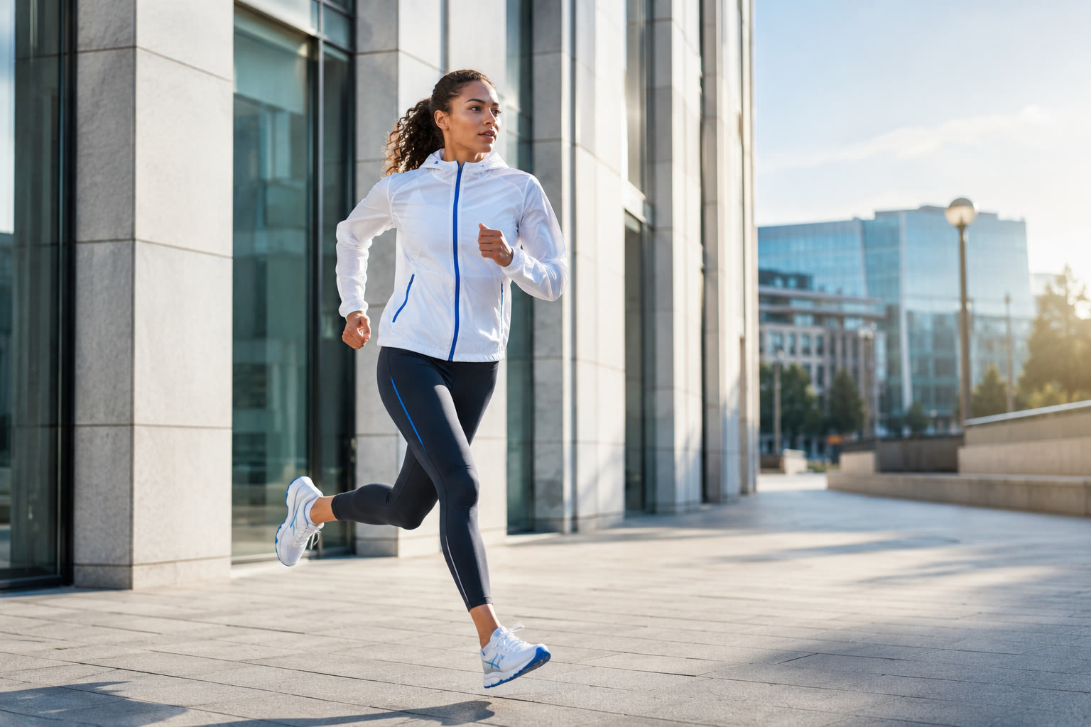 Athlete wearing black zoned compression leggings during a running warm-up